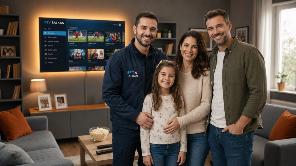 Porodica sa monterom posle instalacije IPTV Balkan televizije